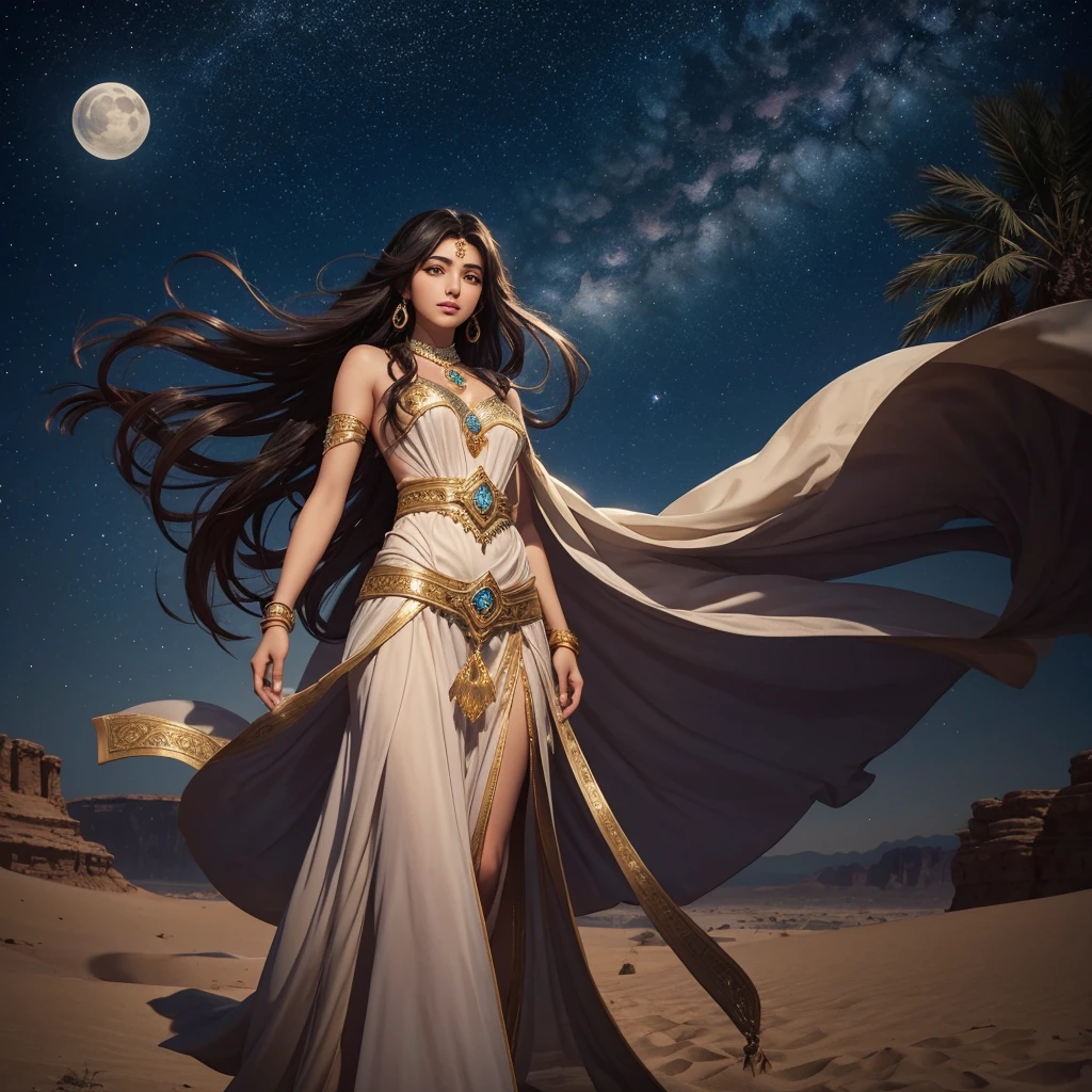 A romantic Arabian style image with anime-
style line art: Background: A night sky filled
with twinkling stars and a bright moon
shining down on a vast desert with a distant
oasis featuring flowing clear water and tall
palm trees. Main character: A woman in
traditional Arabian attire standing alone,
gazing at the sky, her posture expressing
longing and love.  Additional elements: Use
gold and silver colors to depict the moonlight and star 