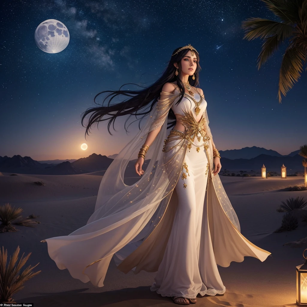 A romantic Arabian style image with anime-
style line art: Background: A night sky filled
with twinkling stars and a bright moon
shining down on a vast desert with a distant
oasis featuring flowing clear water and tall
palm trees. Main character: A woman in
traditional Arabian attire standing alone,
gazing at the sky, her posture expressing
longing and love. Additional elements: Use
gold and silver colors to depict the moonlight and star
