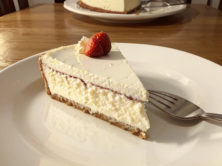 A close top to down up view of One slice of Cheese Cake 🍰 served in a plate beautifully . Only slice of cake can be seen in the frame.