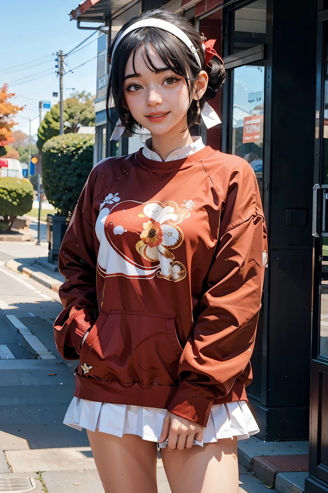 masterpiece, best quality, genny, hairband, red sweater, frilly white skirt, sneakers, standing, looking at viewer 