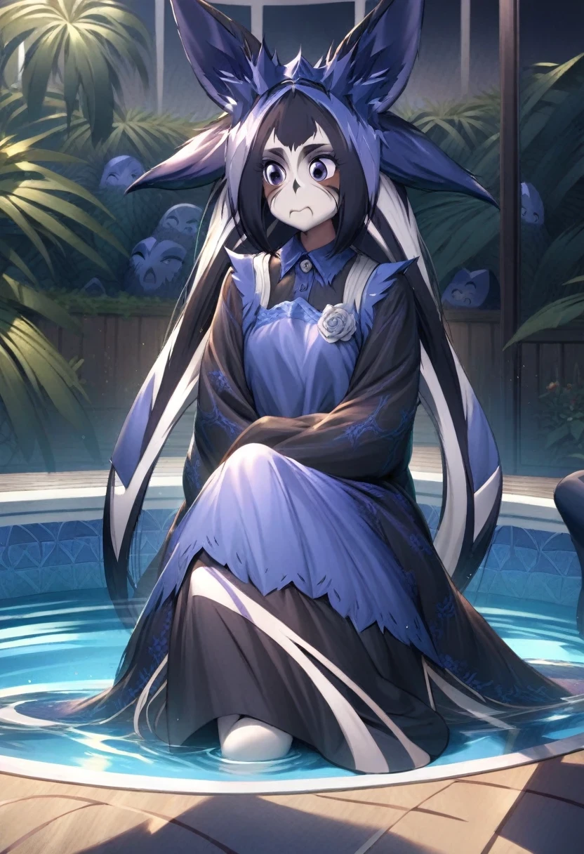 (shylily/(Twich/):1.5),(masterpiece:1.2),(best quality:1.2),sitting by pool ,a girl sitting on the floor,She transforms into a bunny girl,Illustrations showing highly detailed cover art。The scene is very detailed。She is wearing a maid cosplay costume,The whole thing gives people a sense of innocence,There is a pattern on the picture,The overall picture has a jagged edge effect,Combined,This illustration creates an innocent scene,Featuring the image of a bunny girl,And mixed with elements of Lovecraft, embarrassed face Blushing cheeks Frightened surprise