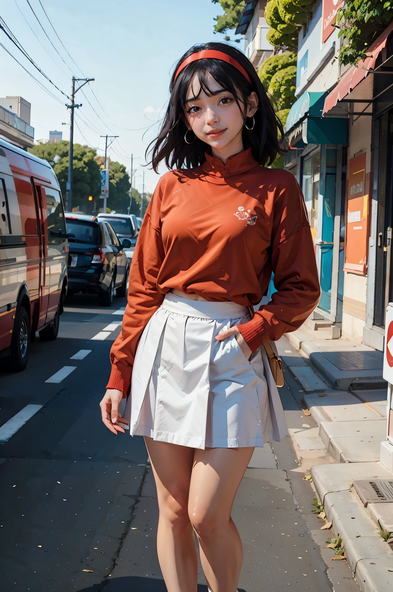 masterpiece, best quality, genny, hairband, red sweater, frilly white skirt, sneakers, standing, looking at viewer 