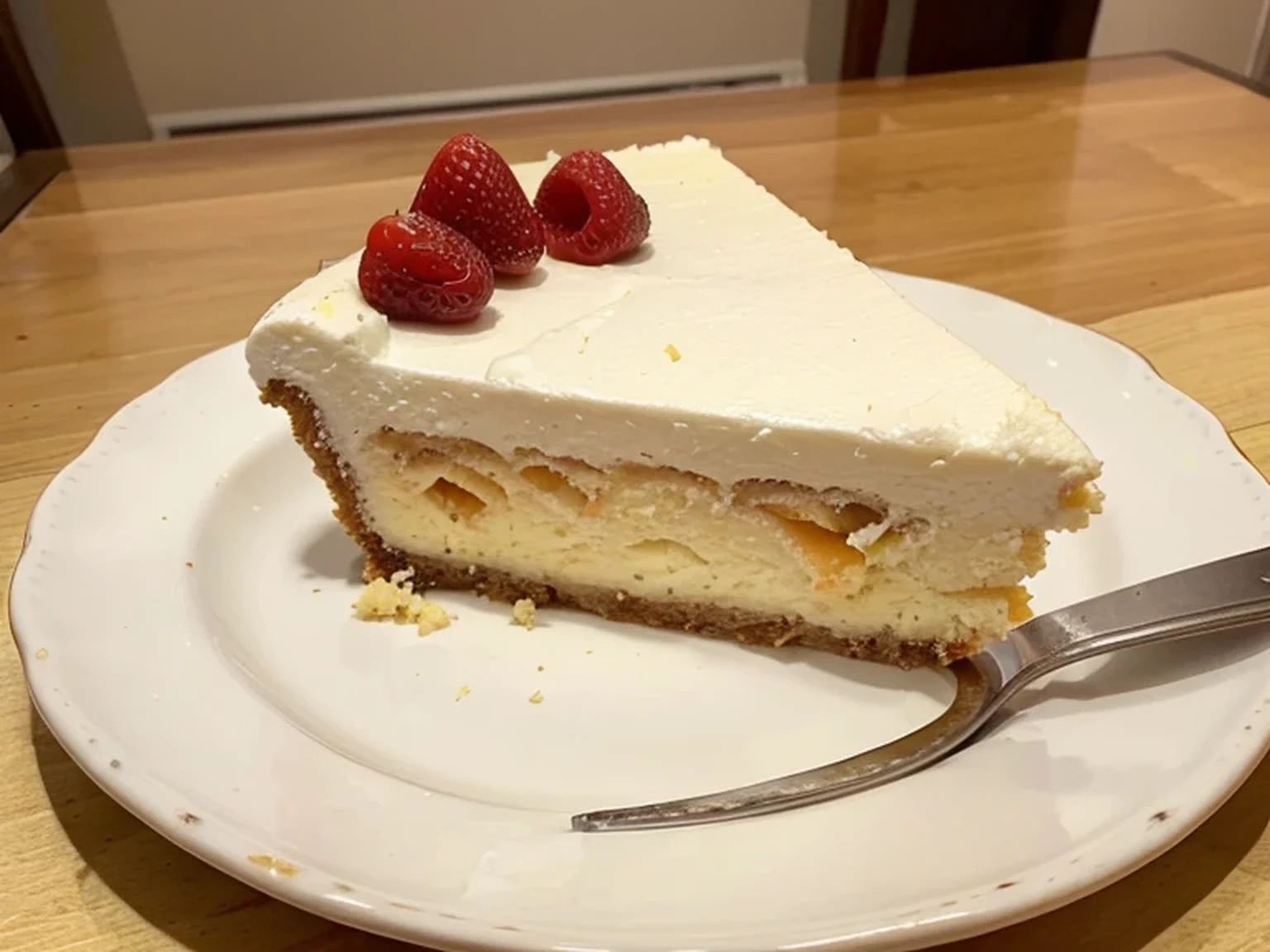 A close top to down up view of One slice of Cheese Cake  🍰 served in a plate beautifully . Only slice of cake can be seen in the frame.