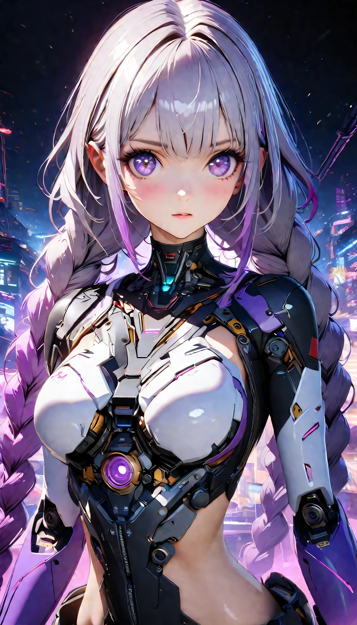 Complex 3D RendeRing ,Beautiful poRcelain contouRed mechanical female,Two girls back-to-back looking at the viewer,yinji , purple hair,purple eyes,very long hair,grey hair,double braid,gradient hair, cyboRg, integRated ciRcuit paRts, Rim light, VibRant details, LuxuRy CybeRpunk, Lace, hypeRPractical, Anatomy, cable wiRes, micRochip, elegant, beautiful StaRRy Sky backgRound, octane RendeRing, H. R. FixtuRe style, 8K, best quality, masteRpiece, illustRation, extRemely delicate and beautiful, VeRy detailed ,CG ,Unite ,wallpapeR, Astonishing, Fine details, SilveR ead