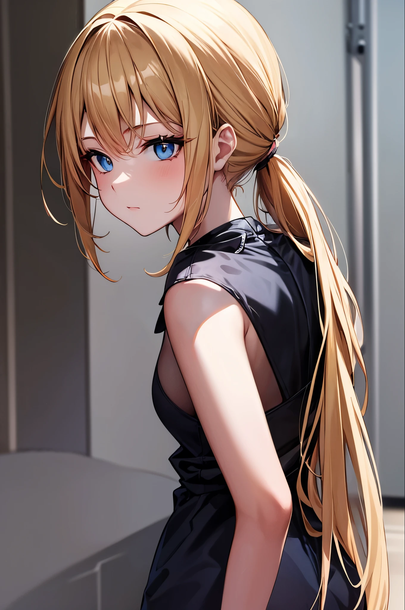 Long ponytail, blue eyes, blonde