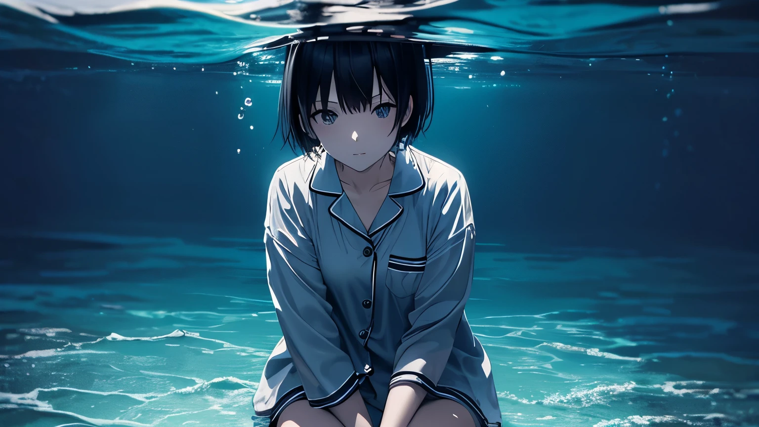 Anime, Ocean, dreamlike and surreal atmosphere, no splashing, Dark Grey lighting, Woman is underwater, Woman wearing pajama shirt and pajama pants, Woman is sitting on the sea floor, Woman has short black hair, Woman sitting with her arms around her knees