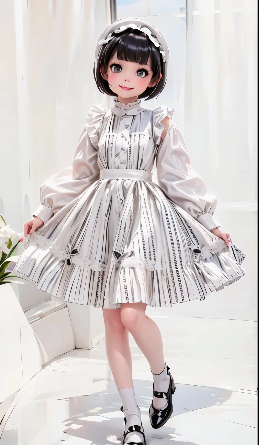 a cute girl smiling, short hair, white globes, girly short dress, white socks, black patent leather mary_janes.