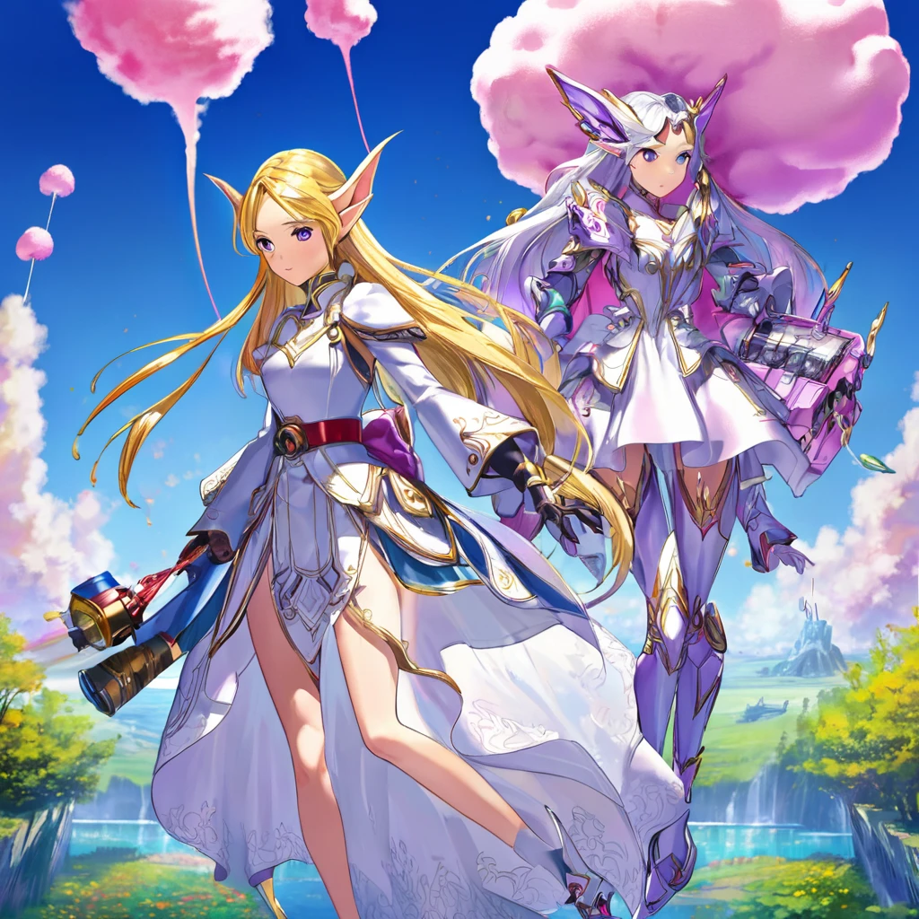 (Cryptic Force)(Extreme complexity, two subjects)(subject 1: cryptic girl, purple white gradient long hair, indifferent, kind, high tech suit with many gadgets and blinking lights) (subject 2: elf companion, high fantasy regal outfit, very big eyes and ears) taming a (cotton candy pink) dragon, blue prairie, ethereal, fantasy, magical realism, highly detailed, 8k, cinematic lighting, vibrant colors, dramatic composition, intricate details, imaginative, cinematic perspective, surreal, dreamlike, whimsical, beautiful, magical, (best quality,4k,8k,highres,masterpiece:1.2),ultra-detailed,(realistic,photorealistic,photo-realistic:1.37) (show both women head to toe)