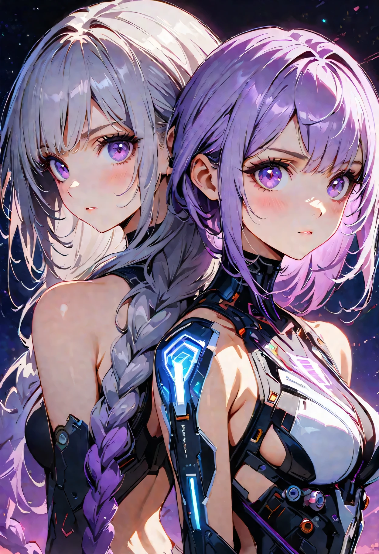 Complex 3D RendeRing ,Beautiful poRcelain contouRed mechanical female,Two girls back-to-back looking at the viewer,yinji , purple hair,purple eyes,very long hair,grey hair,double braid,gradient hair, cyboRg, integRated ciRcuit paRts, Rim light, VibRant details, LuxuRy CybeRpunk, Lace, hypeRPractical, Anatomy, cable wiRes, micRochip, elegant, beautiful StaRRy Sky backgRound, octane RendeRing, H. R. FixtuRe style, 8K, best quality, masteRpiece, illustRation, extRemely delicate and beautiful, VeRy detailed ,CG ,Unite ,wallpapeR, Astonishing, Fine details, SilveR ead