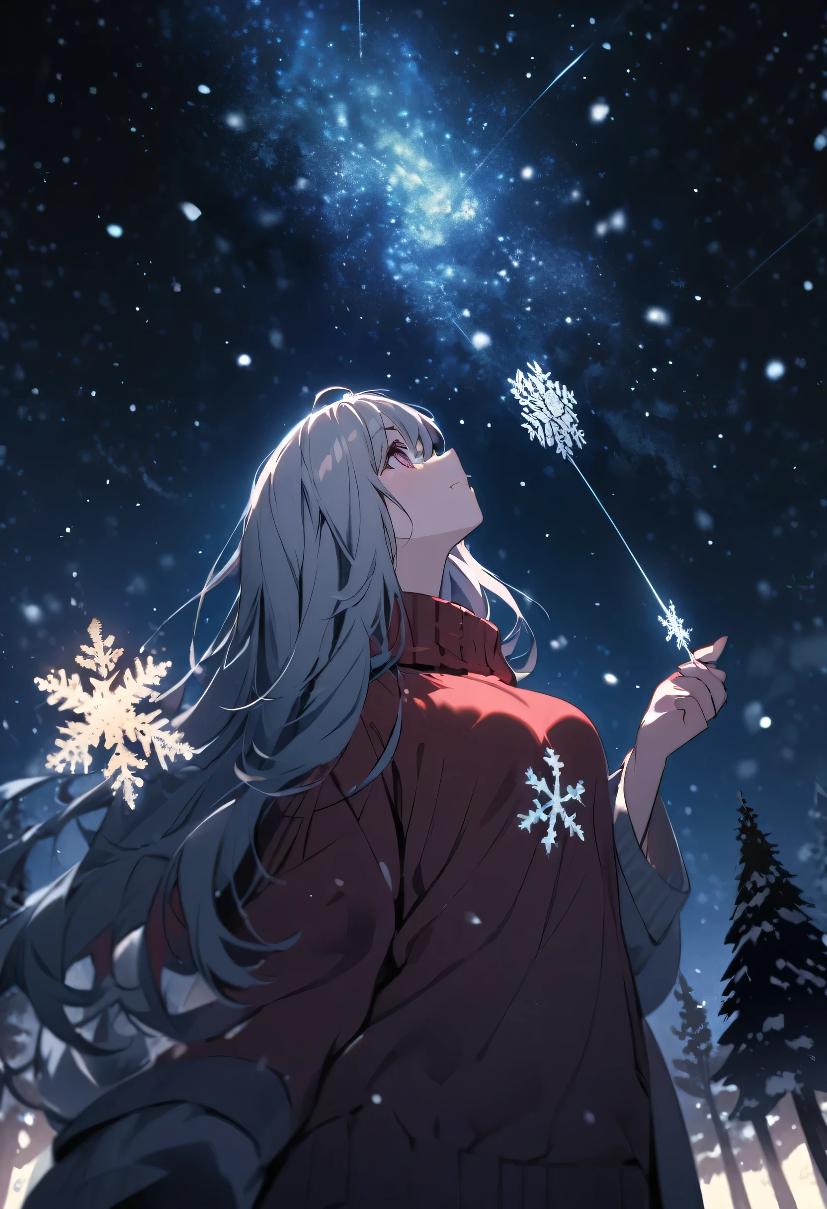 A beautiful night where snow are falling in a silent place that is surrounded by towering pine trees where there is a woman wearing a pastel red sweater is catching a snowflake in her right hand while looking upward the dark sky.