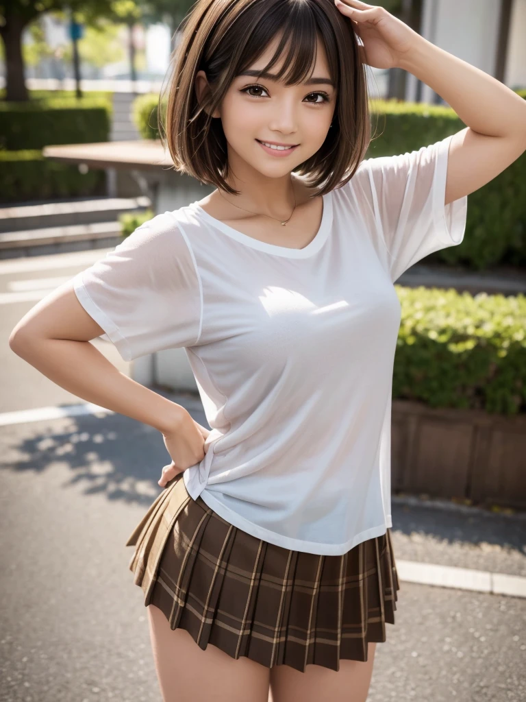 (highest quality, 4k, 8K, High resolution, Tabletop:1.2), Full Body Shot. Super detailed, Realistic:1.37, Light brown hair, Short Bob Hair, Asymmetrical bangs, Mature Woman, high school girl, Casual T-shirts, Green and brown checkered micro mini pleated skirt, Super super slender body, Shy and cute face, A very happy smile, ((Pose on Salute))