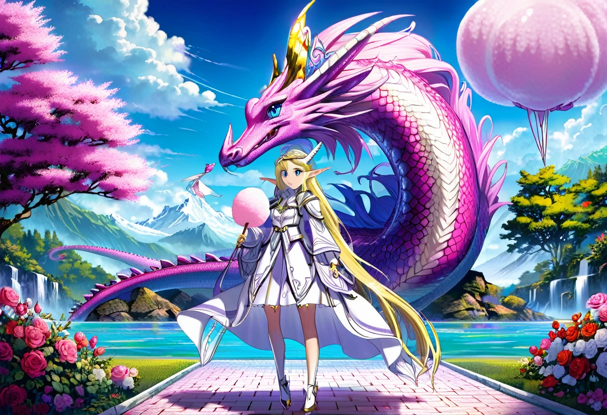 (Cryptic Force)(Extreme complexity, two subjects)(subject 1: cryptic girl, purple white gradient long hair, indifferent, kind, high tech suit with many gadgets and blinking lights) (subject 2: elf companion, high fantasy regal outfit, very big eyes and ears) taming a (cotton candy pink) dragon, blue prairie, ethereal, fantasy, magical realism, highly detailed, 8k, cinematic lighting, vibrant colors, dramatic composition, intricate details, imaginative, cinematic perspective, surreal, dreamlike, whimsical, beautiful, magical, (best quality,4k,8k,highres,masterpiece:1.2),ultra-detailed,(realistic,photorealistic,photo-realistic:1.37) (show both women head to toe)