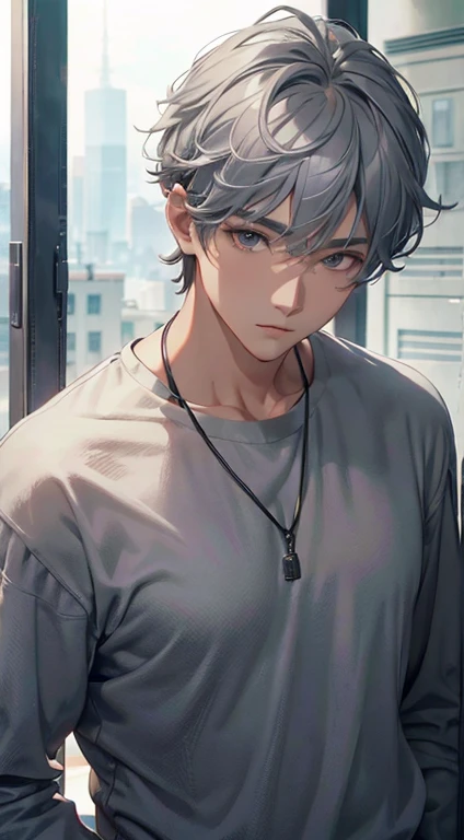 (absurd、High resolution、super detailed、nffsw)、masterpiece、highest quality、male 、solo、Handsome、short hair、gray hair、fine eyes and detailed face、casual clothes、true shadow、joy、connect ears、Upper body