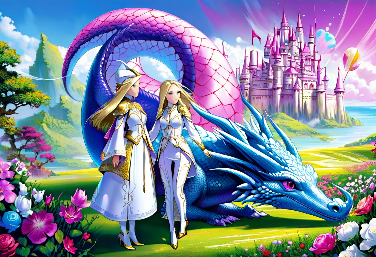 (Cryptic Force)(Extreme complexity, two subjects)(subject 1: cryptic girl, purple white gradient long hair, indifferent, kind, high tech suit with many gadgets and blinking lights) (subject 2: elf companion, high fantasy regal outfit, very big eyes and ears) taming a (cotton candy pink) dragon, blue prairie, ethereal, fantasy, magical realism, highly detailed, 8k, cinematic lighting, vibrant colors, dramatic composition, intricate details, imaginative, cinematic perspective, surreal, dreamlike, whimsical, beautiful, magical, (best quality,4k,8k,highres,masterpiece:1.2),ultra-detailed,(realistic,photorealistic,photo-realistic:1.37) (show both women head to toe)
