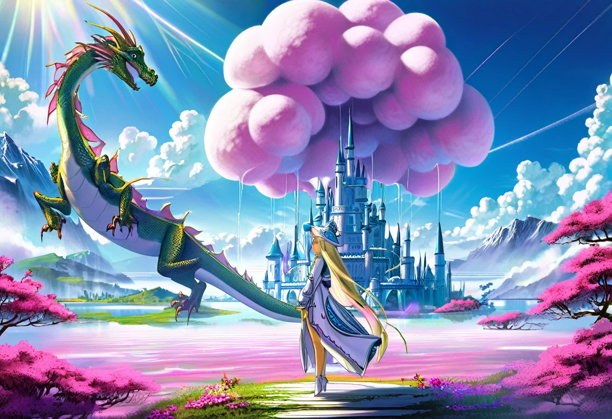 (Cryptic Force)(Extreme complexity, two subjects)(subject 1: cryptic girl, purple white gradient long hair, indifferent, kind, high tech suit with many gadgets and blinking lights) (subject 2: elf companion, high fantasy regal outfit, very big eyes and ears) taming a (cotton candy pink) dragon, blue prairie, ethereal, fantasy, magical realism, highly detailed, 8k, cinematic lighting, vibrant colors, dramatic composition, intricate details, imaginative, cinematic perspective, surreal, dreamlike, whimsical, beautiful, magical, (best quality,4k,8k,highres,masterpiece:1.2),ultra-detailed,(realistic,photorealistic,photo-realistic:1.37) (show both women head to toe)