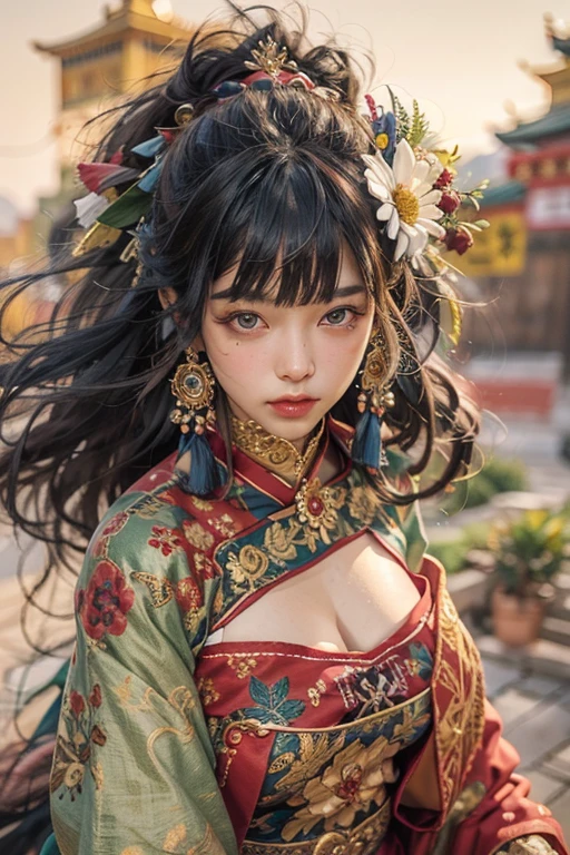 Potala Palace, Lhasa，Beautiful Tibetan girl，Tibetan Costume，Keep the door open，dance，Long black hair，Red face，oil，ink，acrylic painting，masterpiece，in renaissance style，highest quality，High resolution，Ultra-fine，Fine-grained，Facial details，Hair Details，Accurate，Clear eye close-up