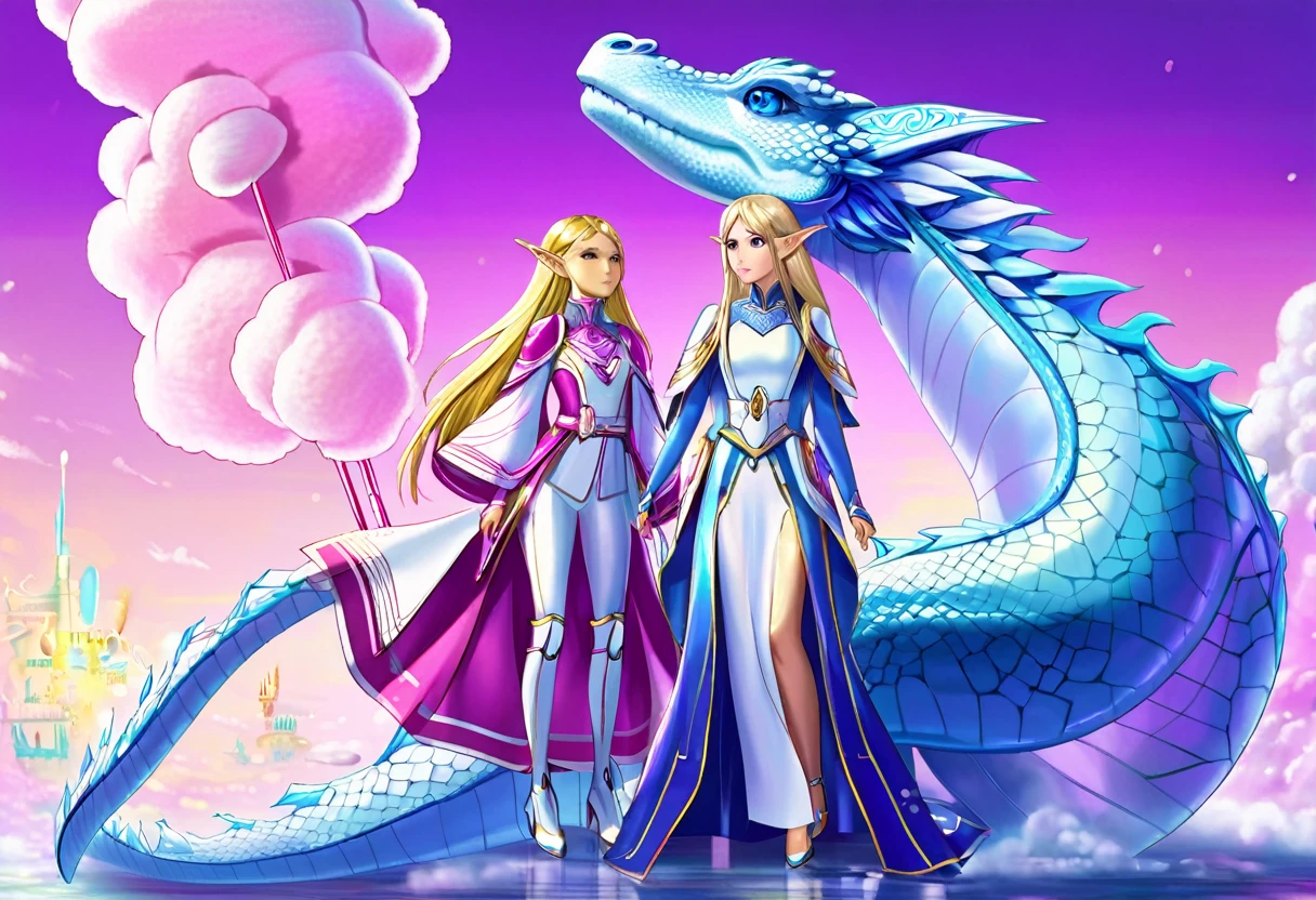 (Cryptic Force)(Extreme complexity, two subjects)(subject 1: cryptic girl, purple white gradient long hair, indifferent, kind, high tech suit with many gadgets and blinking lights) (subject 2: elf companion, high fantasy regal outfit, very big eyes and ears) taming a (cotton candy pink) dragon, blue prairie, ethereal, fantasy, magical realism, highly detailed, 8k, cinematic lighting, vibrant colors, dramatic composition, intricate details, imaginative, cinematic perspective, surreal, dreamlike, whimsical, beautiful, magical, (best quality,4k,8k,highres,masterpiece:1.2),ultra-detailed,(realistic,photorealistic,photo-realistic:1.37) (show both women head to toe)