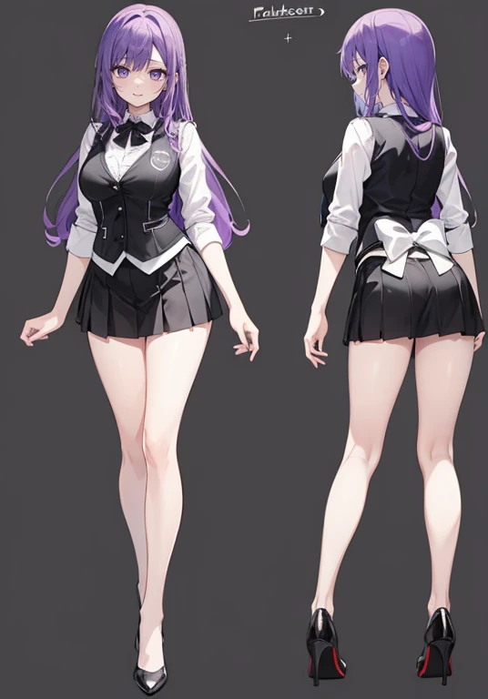 Purple hair,long hair,Adult female,(Bartender),((Rolling up your sleeves shirt)),(((black vest))),(Corset),(skirt),(high heels),((Simple background)),Smile,((Full body)),((whole body)),Character Sheet,Standing straight and facing forward