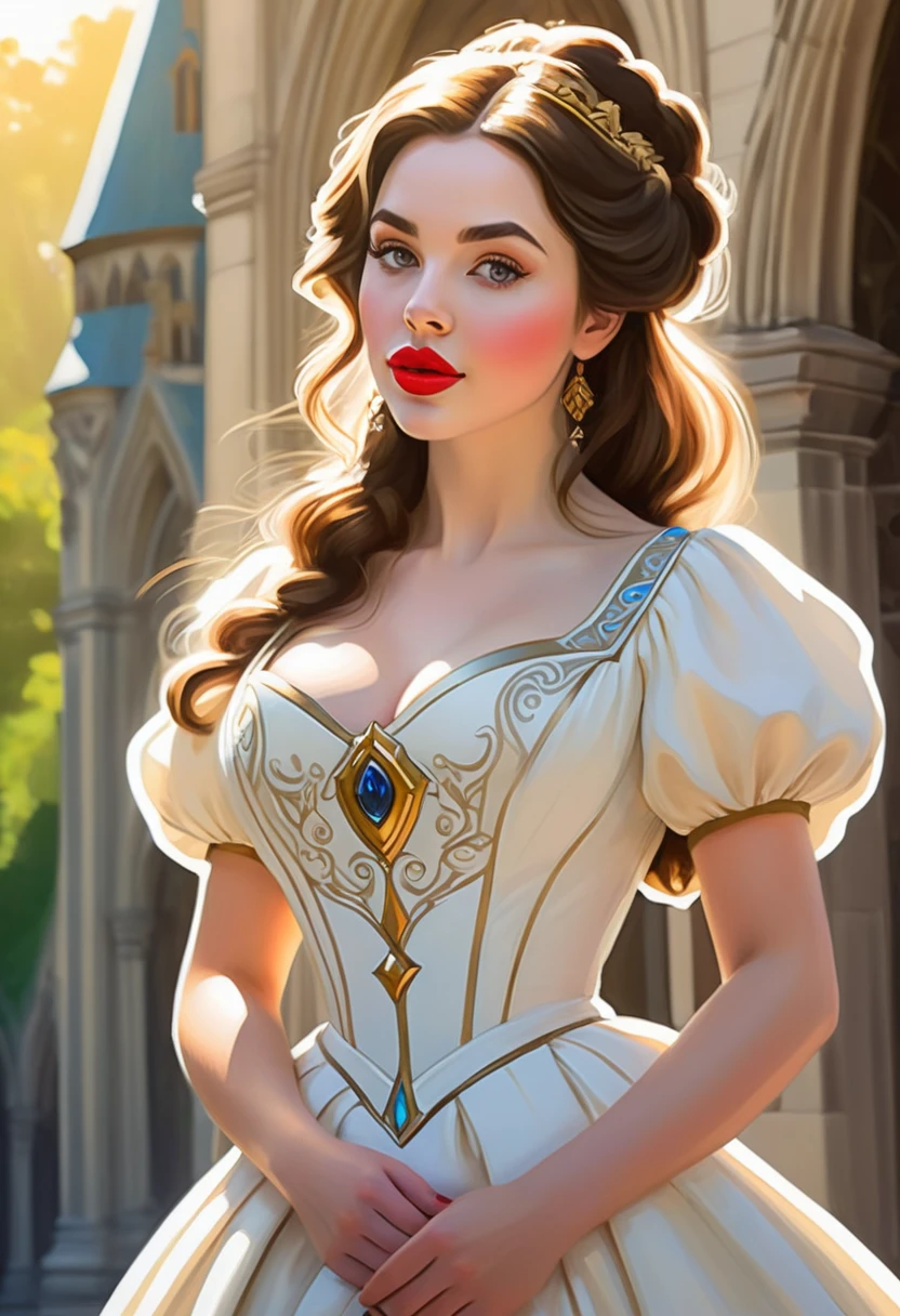 An Illustrated, Hand-Drawn, Full Color, Warm Lighting, Shadows, Graphite Shading, Stencil Marks, Airbrushed Acrylic Paint, In The Style Of Breath Of The Wild. A High Society Dickensian Lady That Exudes Sweetness, Sunshine, Happiness, Love Charity, Hope Virtue. Background Is A Beautiful Cathedral, Ultra Feminine. Hourglass Figure. Ivory Skin,, Red Lips. Beautiful Wholesome Traditional Girl, Goddess Face, Extremely Detailed Face, With Symmetrical Detailed Eyes, Jessica Green, Adelaide Kane, Molly Quinn.