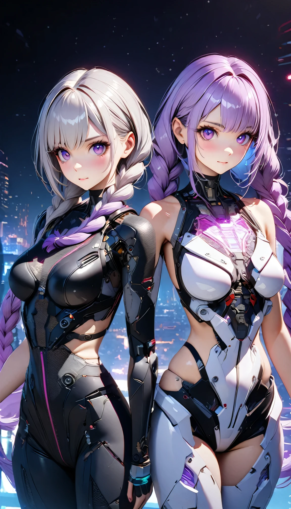 Complex 3D RendeRing ,Beautiful poRcelain contouRed mechanical female,man and woman standing back-to-back looking at the viewer,yinji , purple hair,purple eyes,very long hair,grey hair,double braid,gradient hair, cyboRg, integRated ciRcuit paRts, Rim light, VibRant details, LuxuRy CybeRpunk, Lace, hypeRPractical, Anatomy, cable wiRes, micRochip, elegant, beautiful StaRRy Sky backgRound, octane RendeRing, H. R. FixtuRe style, 8K, best quality, masteRpiece, illustRation, extRemely delicate and beautiful, VeRy detailed ,CG ,Unite ,wallpapeR, (Practical, photo-Practical:1.37),Astonishing, Fine details, SilveR ead
