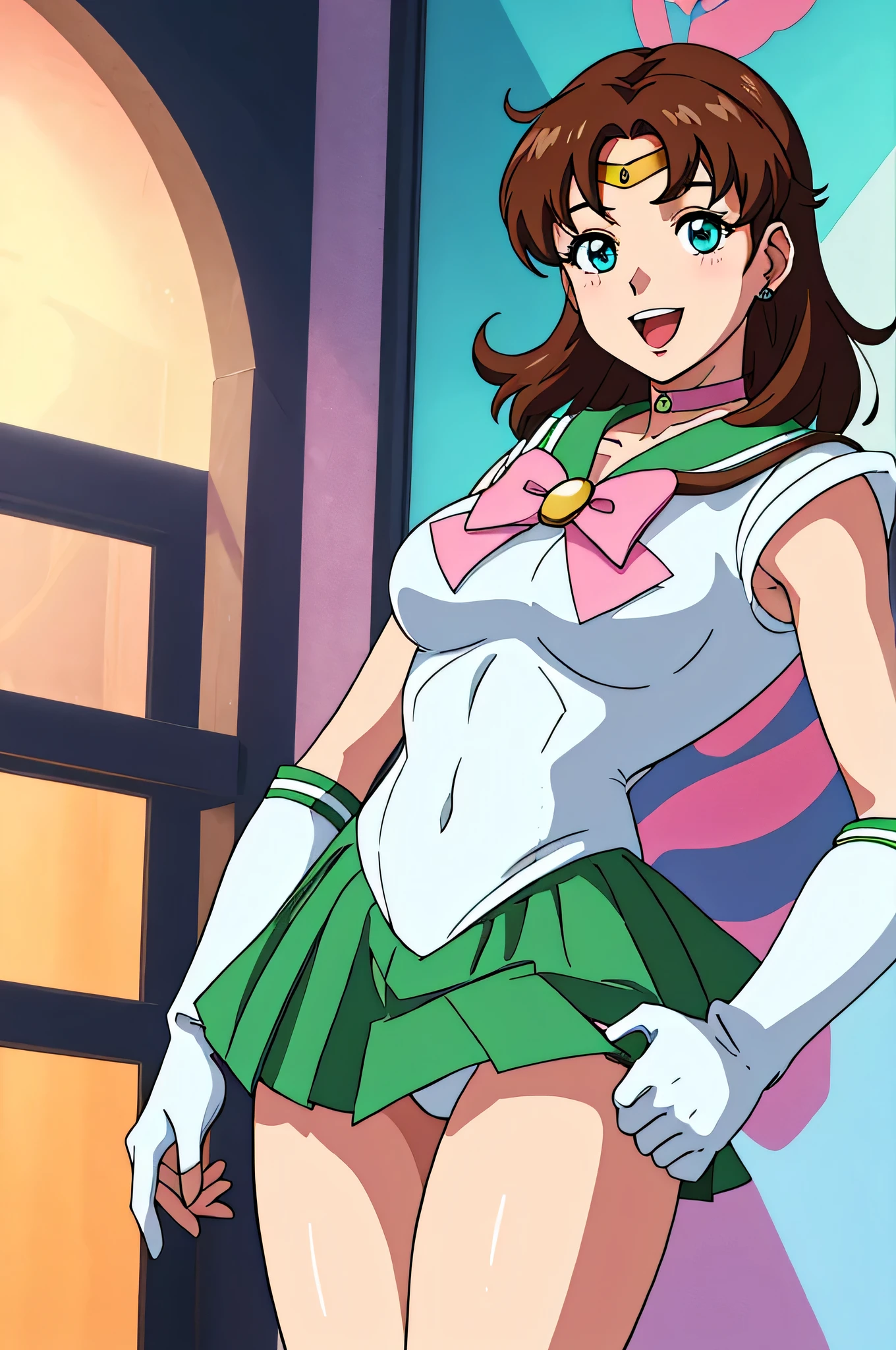 Top quality anime art、masterpiece、High definition anime art、4K Style、High resolution、Anime Girls、solo、Medium Hair、Brown Hair、A golden circlet on the forehead、Blue Eyes、Jewelry、Sailor Warrior Uniform、Green sailor collar、Green Skirt、Pink bow tie、choker、Elbow hand pockets、White gloves、pink bowtie、brooch、Big Breasts、Girls with very large breasts、White leotard、White Dress、High leg leotard、mini skirt、pink back bow、Pleated skirt、looking at viewer、Cowboy Shot、Are standing、Field、smile、Open your mouth、miriallia she's cosplay as a sailor jupiter、