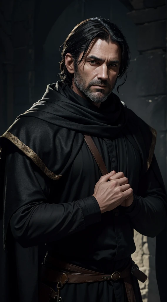 (best quality,4k,highres:1.2),ultra-detailed,(realistic,photorealistic:1.37),full body,40-year-old man,arrogant face,sharp features,slim face,thin face,detailed face,fatigued expression,short black hair with white strands,black medieval clothes,silk scarf,gloved hands,dark and moody lighting,portrait,contrasting colors,subtle shadows,mysterious atmosphere