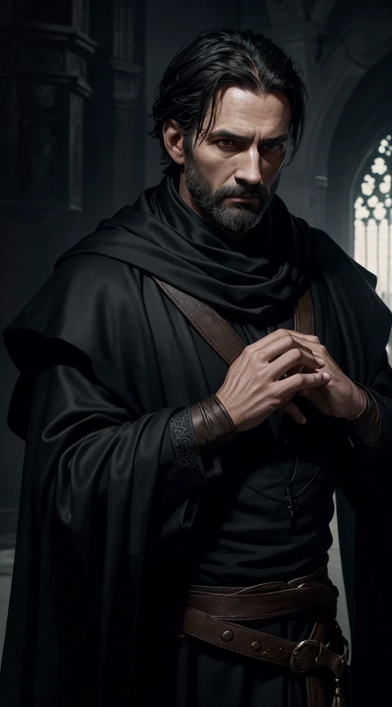 (best quality,4k,highres:1.2),ultra-detailed,(realistic,photorealistic:1.37),full body,40-year-old man,arrogant face,sharp features,slim face,thin face,detailed face,fatigued expression,short black hair with white strands,black medieval clothes,silk scarf,gloved hands,dark and moody lighting,portrait,contrasting colors,subtle shadows,mysterious atmosphere