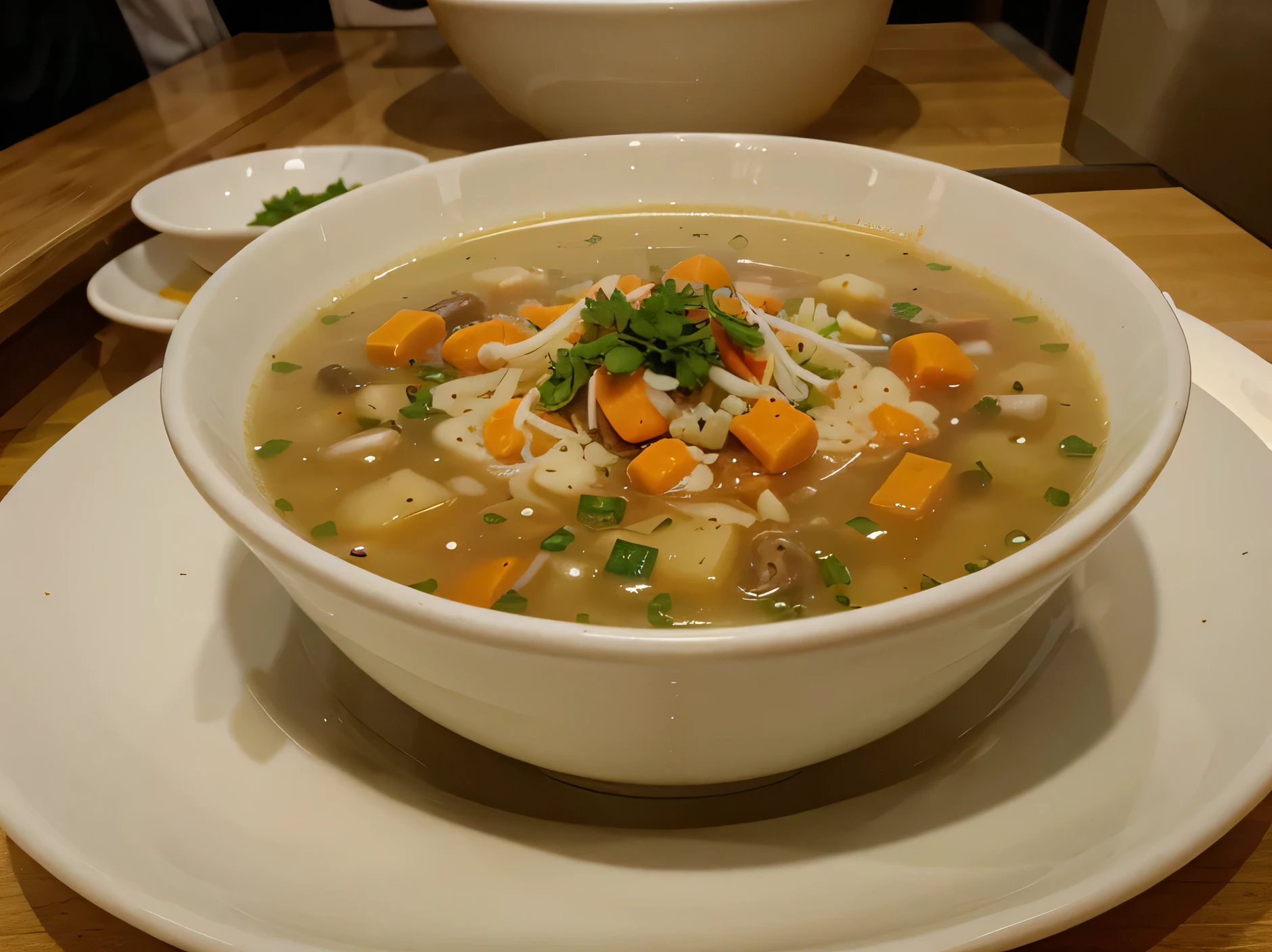 A close up top to down view of one bowl of soup served in a soupy shop