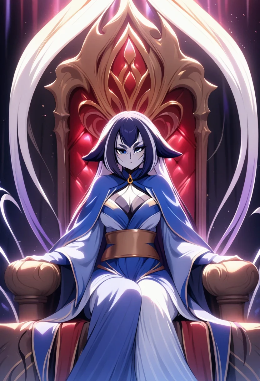 (shylily/(Twich/):1.5),(masterpiece:1.2),(best quality:1.2),1 Girl, Solitary, Colorful hair, X-shaped pupil, , Serious look, Mature, Sitting on the throne, crimson light, Queen. Dim Lightning