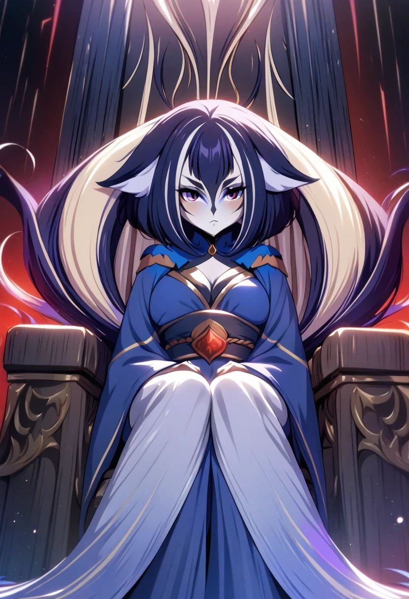 (shylily/(Twich/):1.5),(masterpiece:1.2),(best quality:1.2),1 Girl, Solitary, Colorful hair, X-shaped pupil, , Serious look, Mature, Sitting on the throne, crimson light, Queen. Dim Lightning