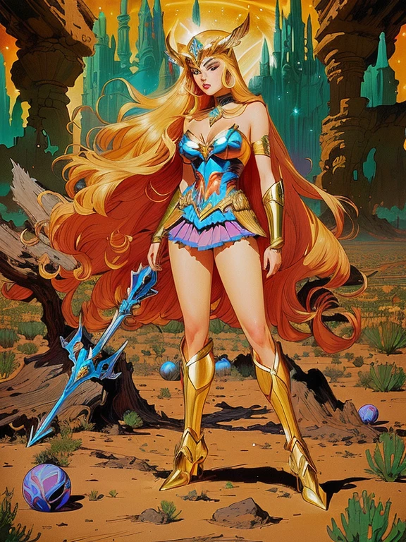 SexyToon, 8k, a drawing of a costumed woman standing in a field, mighty Desert Princess, she - ra, She-Ra, inspired by Henry Justice Ford, a fantasy comic book style, goddess of war, Desert Princess, inspired in Wally Wood, the galaxy sailor. beautiful, powerful girl, inspired by Philippe Druillet, inspired by Clyde Caldwell