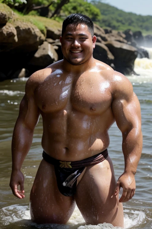 smile，Perfect penis，Japanese，Heavy water splashes on the entire screen，White loincloth，pose for the camera，Spotlight from the front ，A young monk from ancient Japan, who looks like a fat bodybuilder like a sumo wrestler、He was standing there with a sunburned face and a haggard look on his face，Giant，whole body，Thighs，Thick thighs
，In the waterfall，The white loincloth is wet，Heavy water splashes