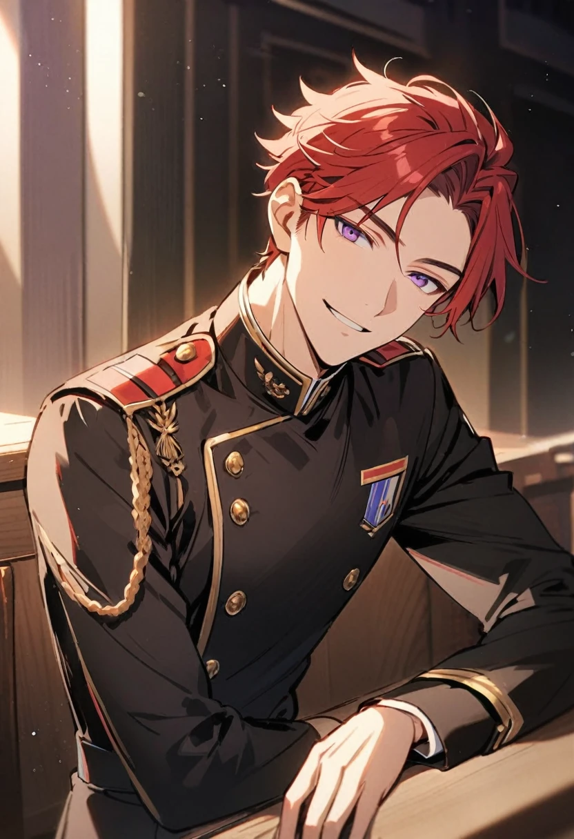Handsome, solo, 1 male, red hair, purple eyes, 1 man, smiling, wearing uniform , handsome man, black uniform