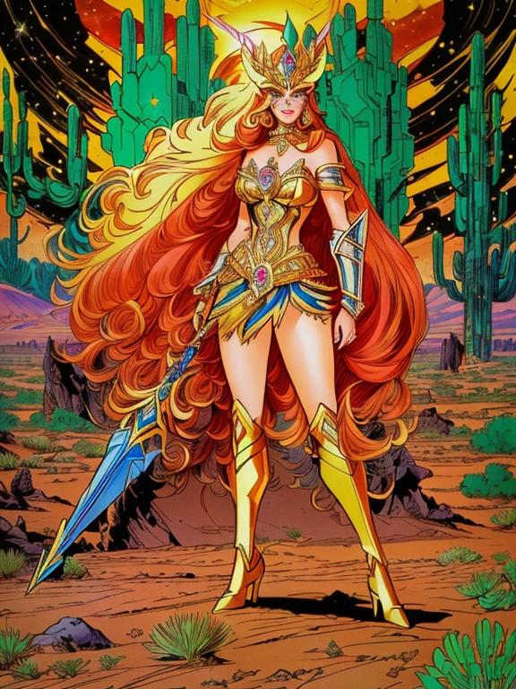 SexyToon, 8k, a drawing of a costumed woman standing in a field, mighty Desert Princess, she - ra, She-Ra, inspired by Henry Justice Ford, a fantasy comic book style, goddess of war, Desert Princess, inspired in Wally Wood, the galaxy sailor. beautiful, powerful girl, inspired by Philippe Druillet, inspired by Clyde Caldwell