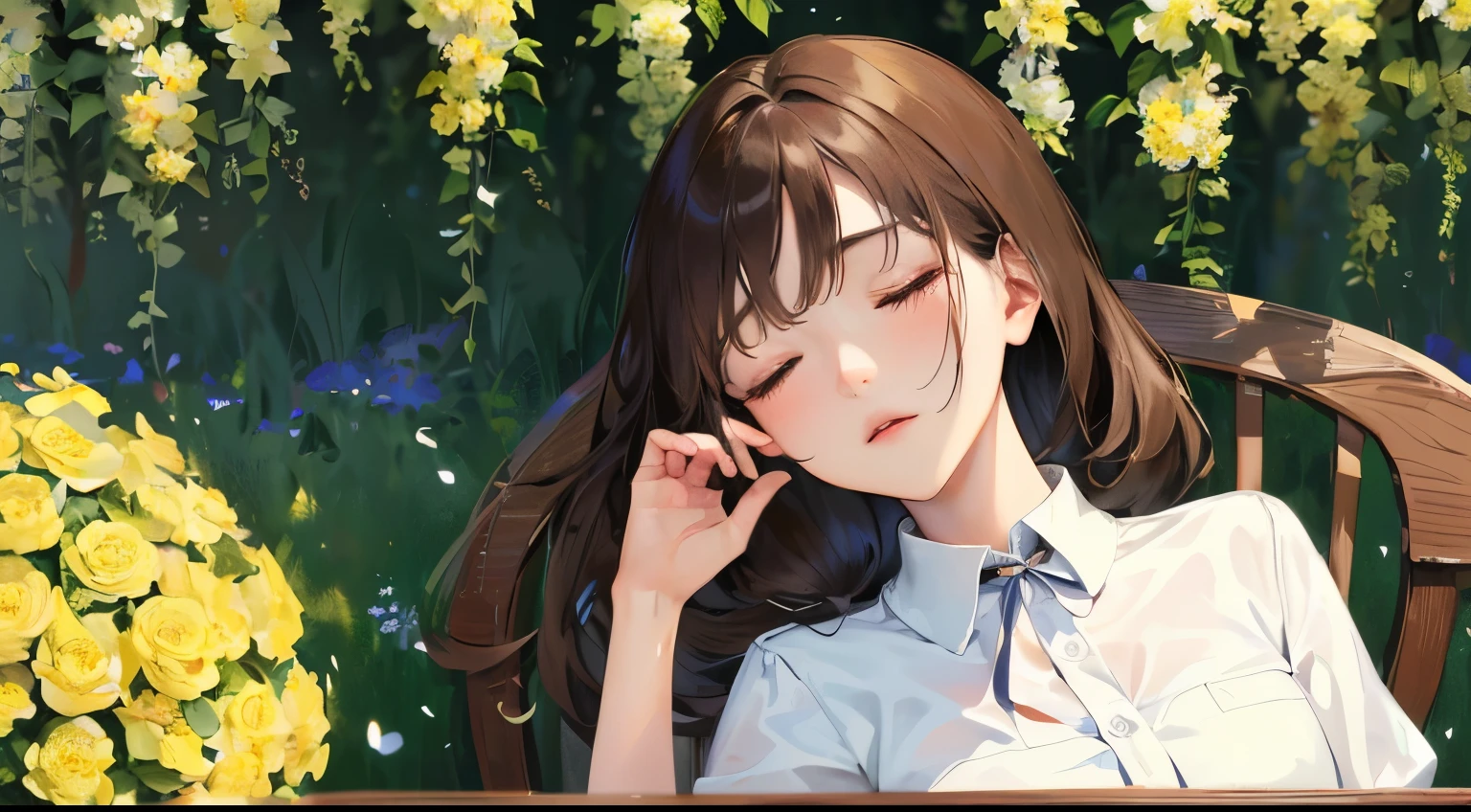 (((Background of lots of jasmine flowers)))、(((1 personの少女)))、((1 person)),Masterpiece,best quality, ((sleeping face))), ,((White blouse))、((Sleeping on the back of a chair))、determined expression, Upper body diagram、 (Highest Resolution、Clear_image)、Best Quality、Light and shadow contrast、((illumination))、Very detailed、Semi-realistic、Short Hairstyle、Brown Hair、bangs、19 years old、　Lady,,young、((View from top))、Delicate Facial Features