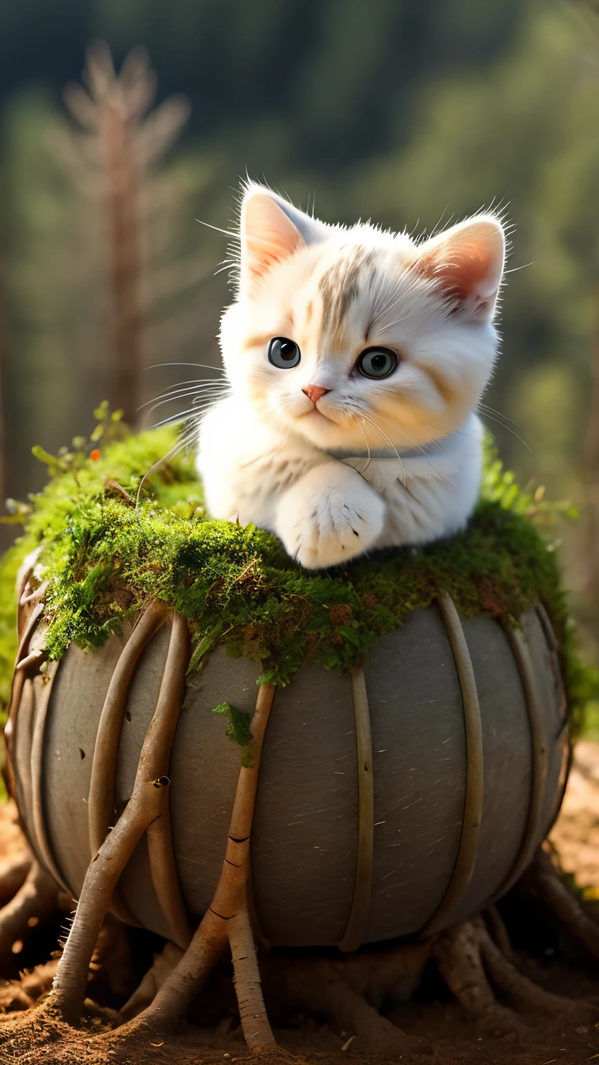 Fluffy cat sitting near the roots of a tree in the middle of the mountain, cute