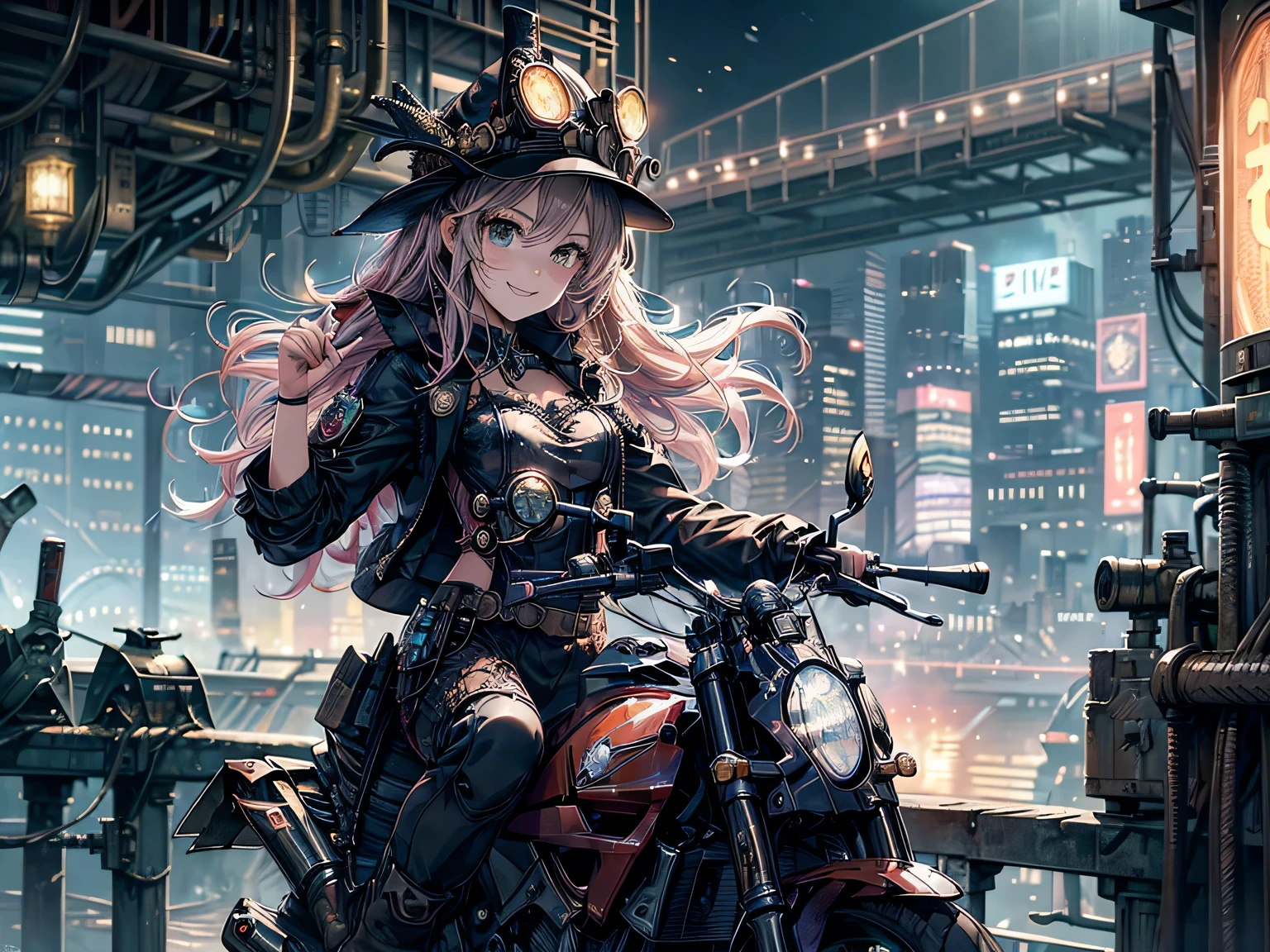 (Manga style),(Line art_anime),(Cowboy Shot, highest quality, ),(Photo by Laura Budd:1.2),(Laura Add details:1.0),8k, Flat Color:0.8,(1 girl,Smile 1.5)、View your viewers,(1. Riding a steampunk bike.8)、(Classic style bike 1.5)、(Highly decorative and complex mechanical steampunk fashion, Lace flare dolphin hat、Goggles 1.5、machinery background、Gear background、Intricately mechanized steampunk cityscape 1.5),