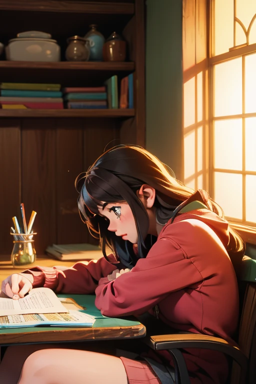 create an image of a girl studying in a cozy room