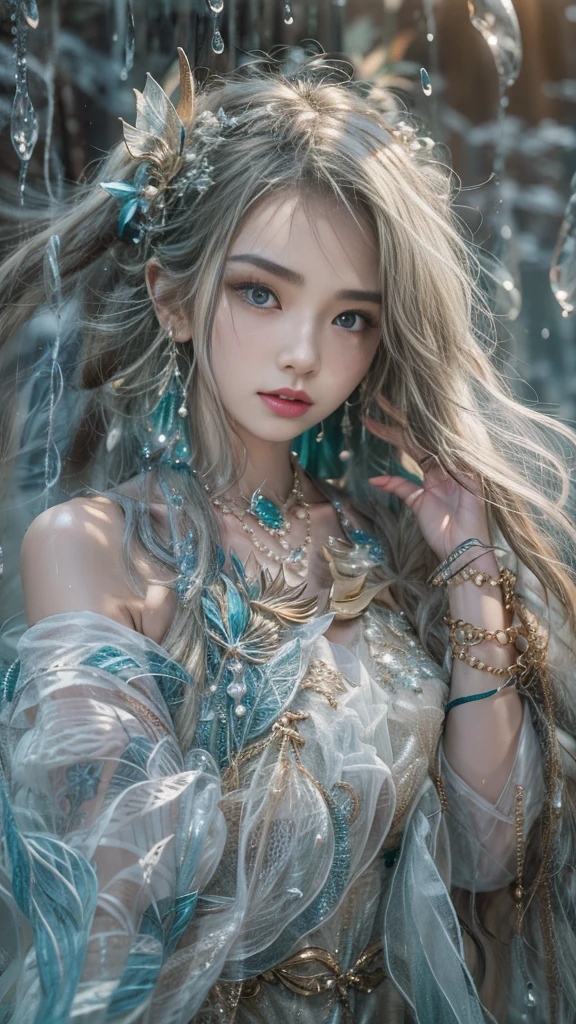 (RAW shooting, Majestic:1.3, 32k:1.5, highest quality, masterpiece, Ultra-high resolution), (snow, Ocean:0.7, Majestic背景:0.7, Mystical Expressions:1.0, Expressions of sadness:1.0), Perfect dynamic composition:1.3, 非常にdetailedな肌と顔の質感:1.3, (Slim Mermaid:1.3, Mermaid Tail), Random Shot, Fair skin:1.2, Incredibly slim body:1.2, Fractal Art:1.1, Very beautiful face:1.1, Water droplets on the skin, detailed, (Rain drips down on my body:1.1, Wet body:1.1, Wet Hair:1.1), (Posing Pro:0.9, With a wet bouquet:0.9, Colorful and gorgeous mermaid dress portrait:1.1, Woven Belt), Shapely , (Big eyes that exude beautiful erotici Lips that exude beautiful eroticism:0.5)e you, Very sweet atmosphere, necklace, Earrings, bracelet