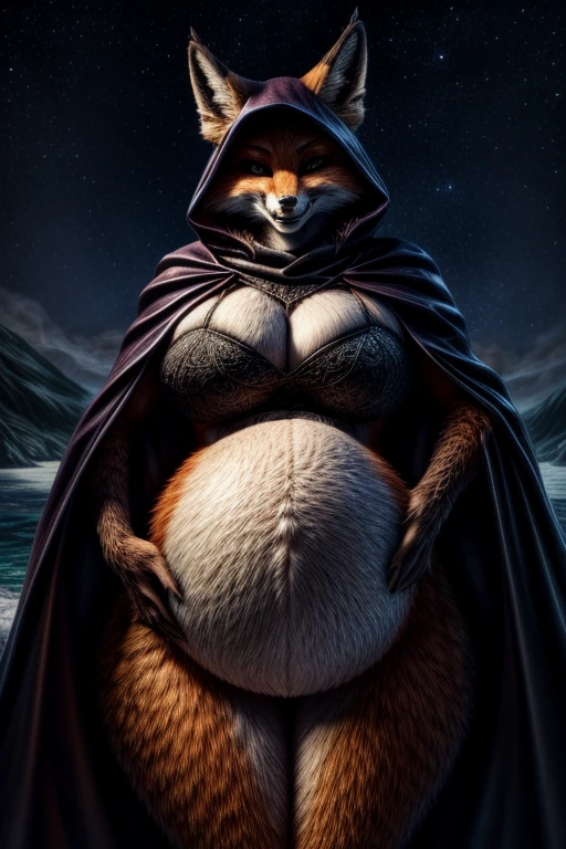 close up shot of an attractive vixen vampire, fox vampire, pouncing on you, dark transparent cloak, midriff, ((smiling)), (huge hips:1.2, huge pregnant belly:1.1), huge cleavage, scarf, gloomy island, winter, night