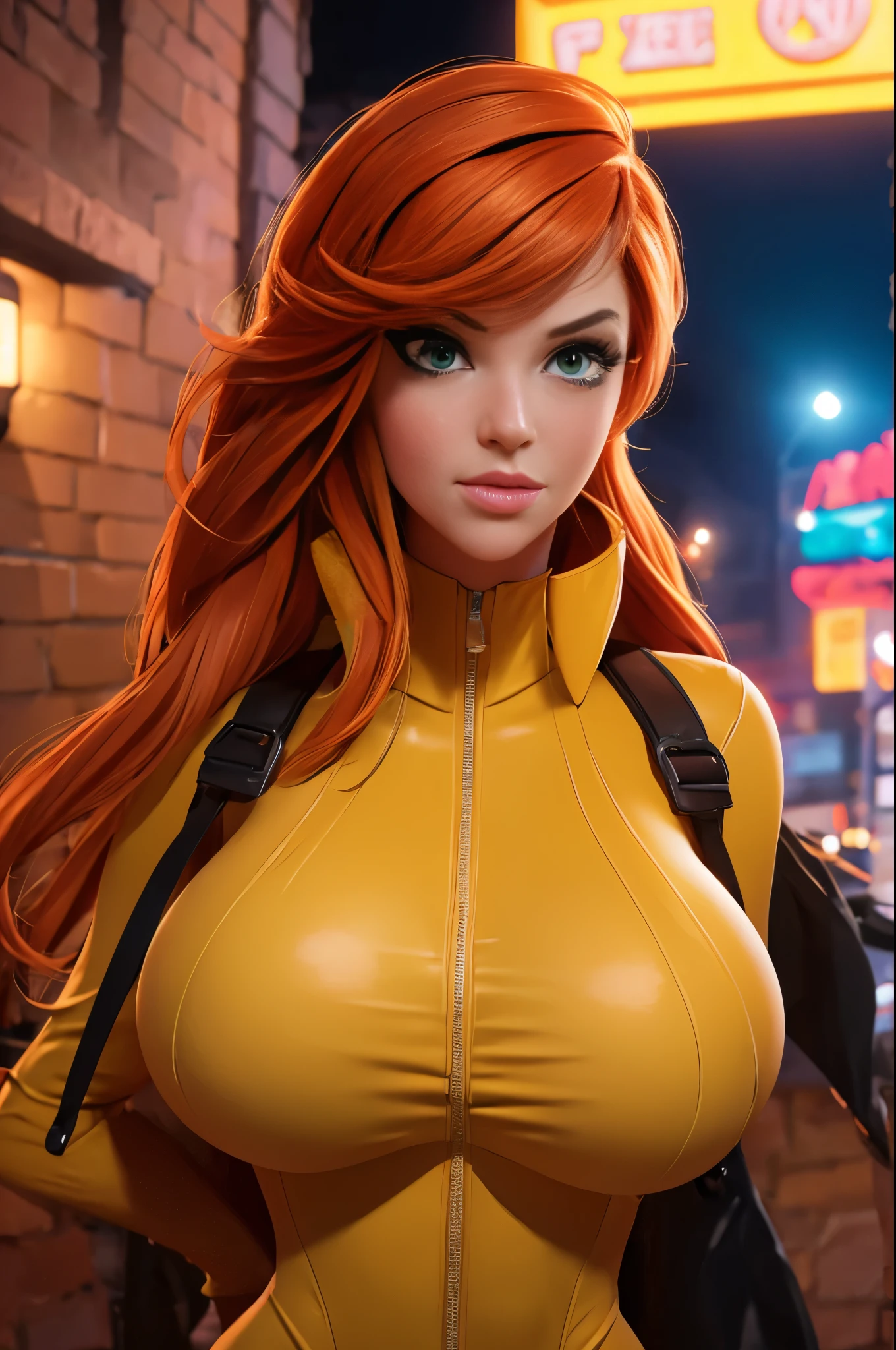 a beautiful girl with orange hair, detailed face, incredible green eyes, long eyelashes, detailed lips, detailed nose, very detailed facial features, delicate skin, pink blush, wearing a skintight yellow bodysuit, massive breasts pouring out of her top, skin indentions, hyper sexualized, in a dark alley at night, street light, cityscape in the background, moody lighting, cinematic, dramatic, highly detailed, photorealistic, 8k, masterpiece