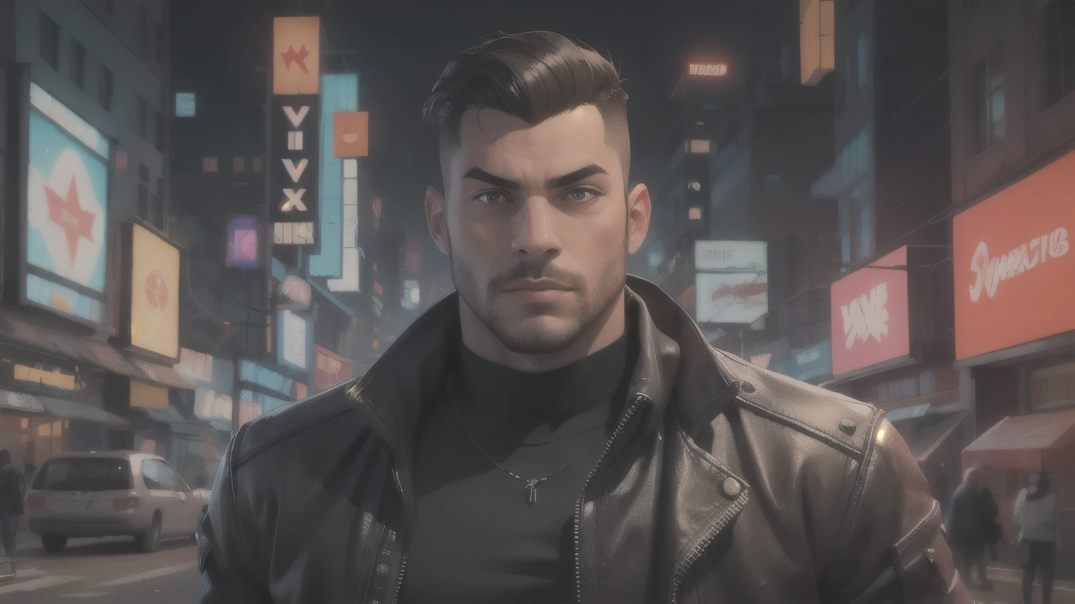 ((best quality)), ((masterpiece)), (detailed), perfect face. 1 Guy with a leather jacked in a cyberpunk city 
