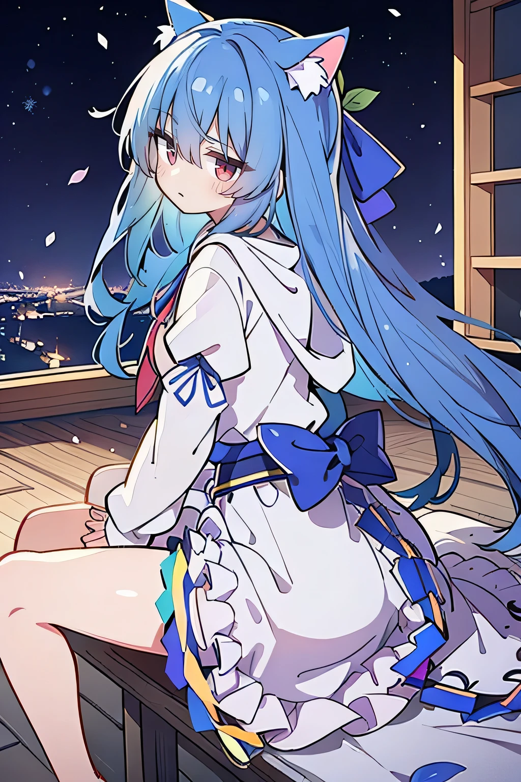 (masterpiece:1.2),Super detailed,lifelike,Expressive eyes,fair skin,perfect face shape,1 girl,
Japanese comics,Gorgeous blue hair,flowing blue hair,flowing clothes,Cat ears,Petals fall,beautiful lola,Baby Angel,
Cross your legs,Gentle and peaceful background,The pavilion is cool and comfortable, wearing hoodie, background of tokyo,back views,snowing, winter.