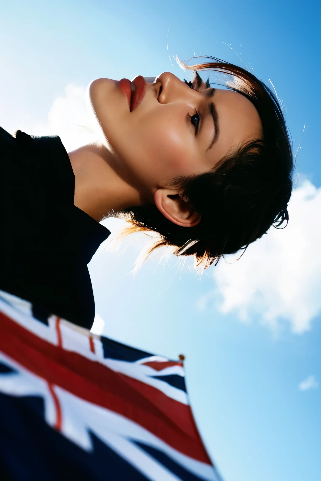 Un hombre  muerto sobre el asfalto y su propia sangre. El cielo es negro e invernal. You can see the British flag. 