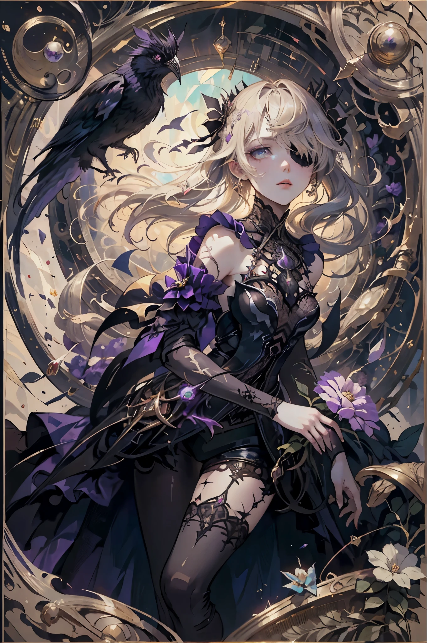 1woman, flowy blond hair ponytails, gothic, rose eyepatch in one eye, black lace gothic lolita dress, dried flowers, stained glass, official art, unity 8k wallpaper, ultra detailed, beautiful and aesthetic, beautiful, masterpiece, best quality, (zentangle, mandala, tangle, entangle), (ecstasy of flower:1.2) dynamic angle, the most beautiful form of chaos, elegant, a brutalist designed, vivid colours, romanticism, atmospheric, extremely delicate and beautiful, Amazing, finely detail, masterpiece, ultra-detailed, highres,best illustration, best shadow,intricate,sharp focus, high quality,dark gothic princess, purple ghost of a raven