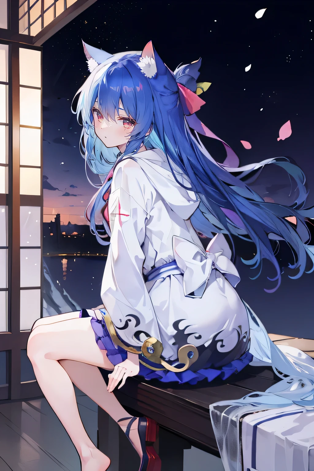 (masterpiece:1.2),Super detailed,lifelike,Expressive eyes,fair skin,perfect face shape,1 girl,
Japanese comics,Gorgeous blue hair,flowing blue hair,flowing clothes,Cat ears,Petals fall,beautiful lola,Baby Angel,
Cross your legs,Gentle and peaceful background,The pavilion is cool and comfortable, wearing hoodie, background of tokyo,back views,snowing, winter.