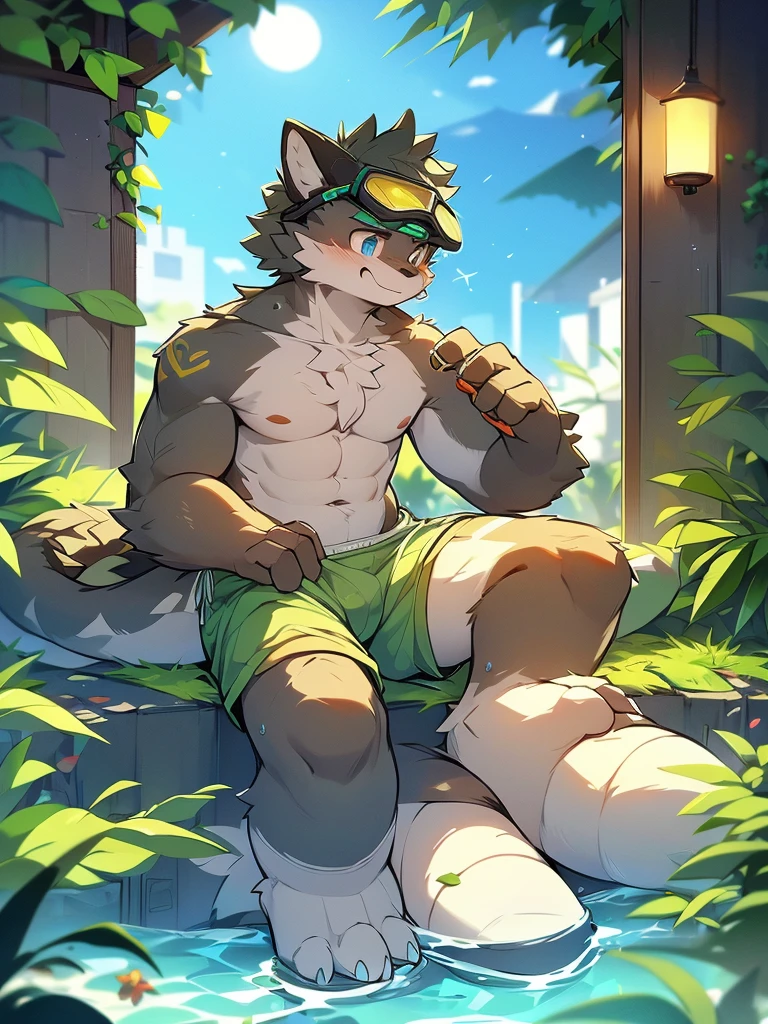 thin male solo cartoon lion by zackary911 hair over eyes wearing clothes in public park water feature sunlit
