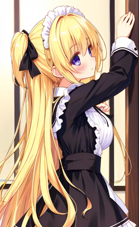 Beautiful long blonde　Girl in black maid outfit　Long sleeve　Shyness　sidefellatio　from side　1boy　1girl