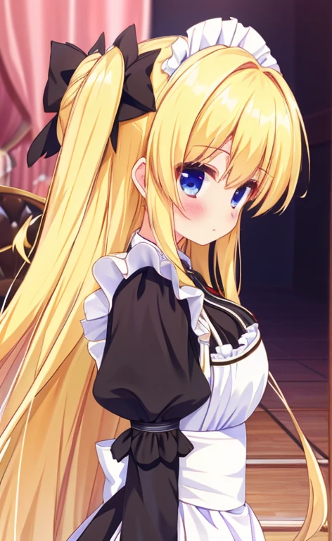 Beautiful long blonde　Girl in black maid outfit　Long sleeve　Shyness　sidefellatio　from side　1boy　1girl