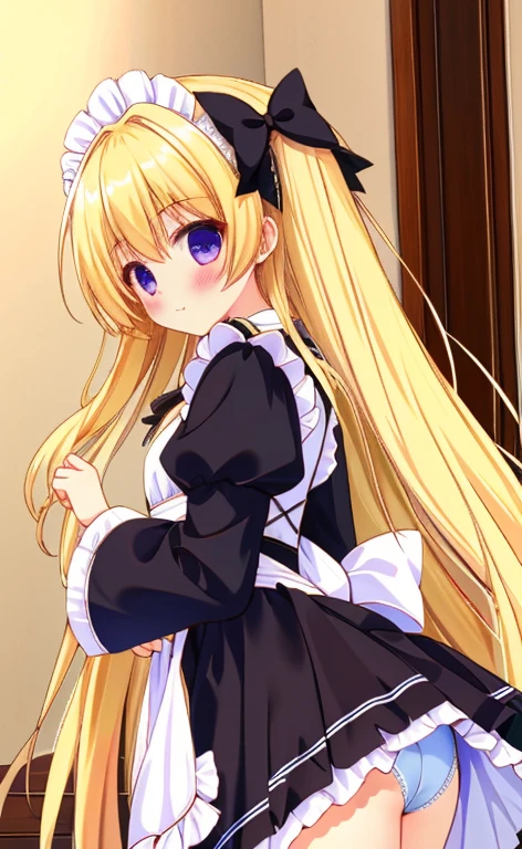 Beautiful long blonde　Girl in black maid outfit　Long sleeve　Shyness　sidefellatio　from side　1boy　1girl